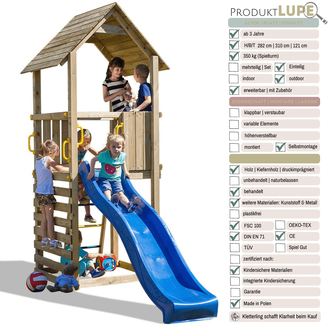 Spielturm GOO CAROL 1 | Klettergerüst OUTDOOR | 1 Turm | bis zu 6 Kinder | Holzdach - Kletterling – einfach Kind sein
