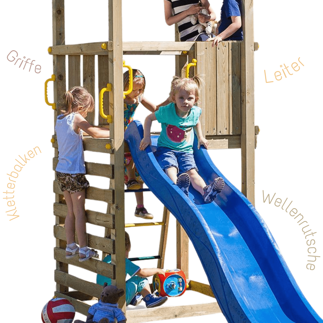 Spielturm GOO CAROL 1 | Klettergerüst OUTDOOR | 1 Turm | bis zu 6 Kinder | Holzdach - Kletterling – einfach Kind sein