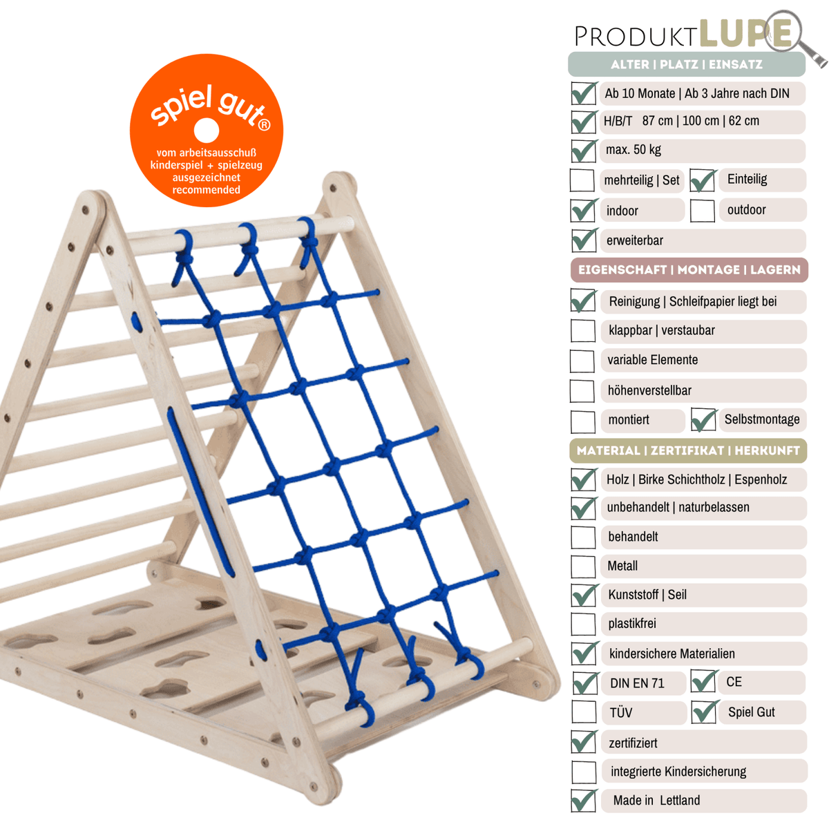 Kletterdreieck ORANG - UTAN UP | 3 - seitig | 87cm | mit Netz, Sprossen - und Kletterseite - Kletterling – einfach Kind sein