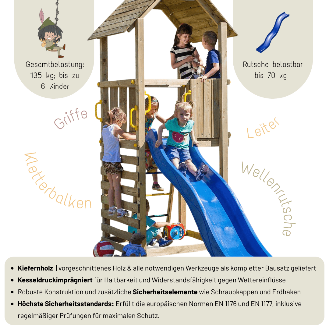 Spielturm GOO CAROL 1 | Klettergerüst OUTDOOR | 1 Turm | bis zu 6 Kinder | Holzdach - Kletterling – einfach Kind sein