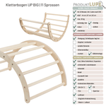 Kletterbogen UP BIG als Wippe und Bogen, daneben die ProduktLupe mit technischen Angaben.
