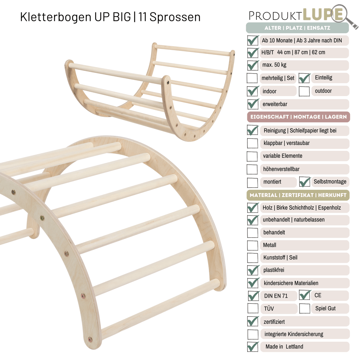 Kletterbogen UP BIG als Wippe und Bogen, daneben die ProduktLupe mit technischen Angaben.