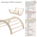 Kletterbogen UP SMALL als Wippe und Bogen, daneben die ProduktLupe mit technischen Angaben.