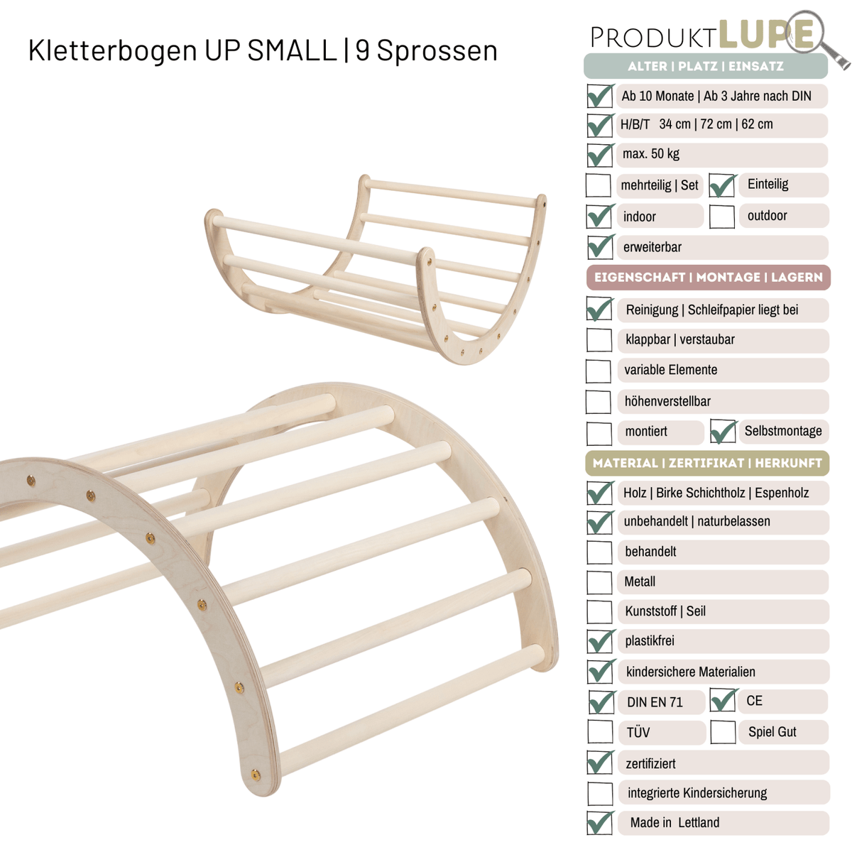 Kletterbogen UP SMALL als Wippe und Bogen, daneben die ProduktLupe mit technischen Angaben.
