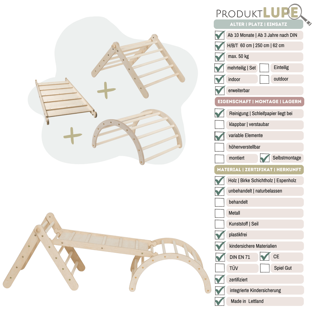 höhenverstellbares Kletterdreieck - Set ZICKENLING SET | 5 - fach verstellbar | 60cm| Dreieck + Rutsche + Bogen - Kletterling – einfach Kind sein
