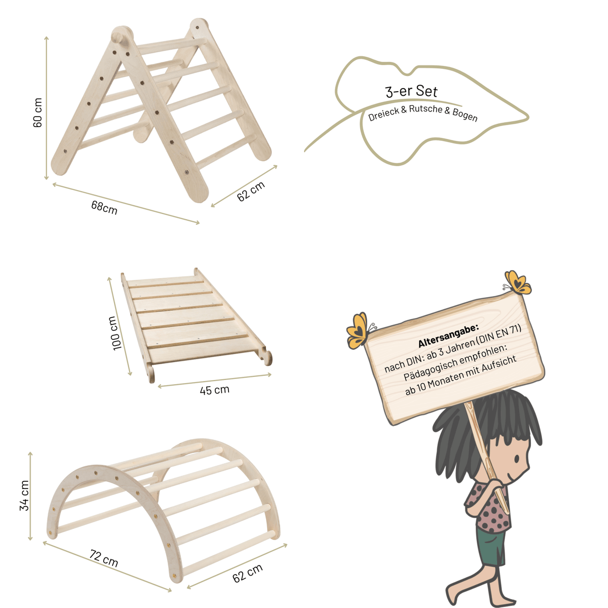 höhenverstellbares Kletterdreieck - Set ZICKENLING SET | 5 - fach verstellbar | 60cm| Dreieck + Rutsche + Bogen - Kletterling – einfach Kind sein