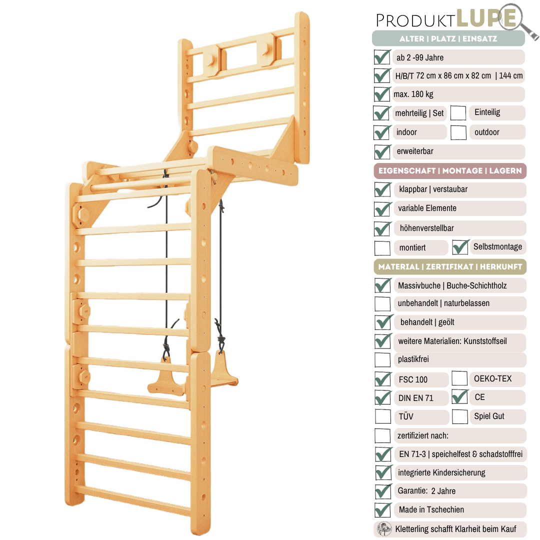 Sprossenwand EMMA SIX + Schaukel | 4 Module | 200 kg belastbar | 6 Aufbauvarianten | modulares System - Kletterling – einfach Kind sein