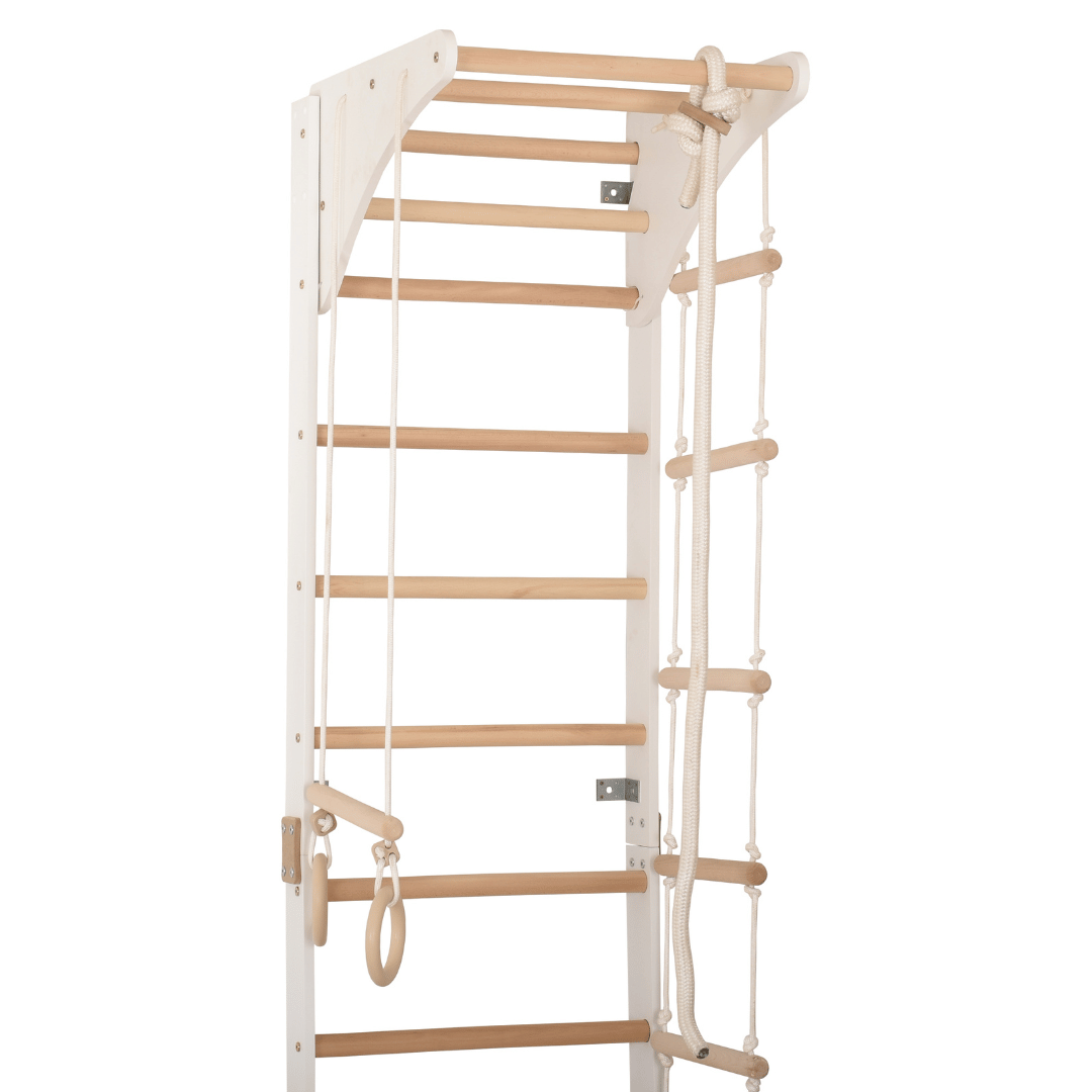 Sprossenwand mit höhenverstellbarem Reck, Kletterseil, Ringen & Seilleiter – Kompaktes Indoor-Fitnessgerät für die ganze Fam…