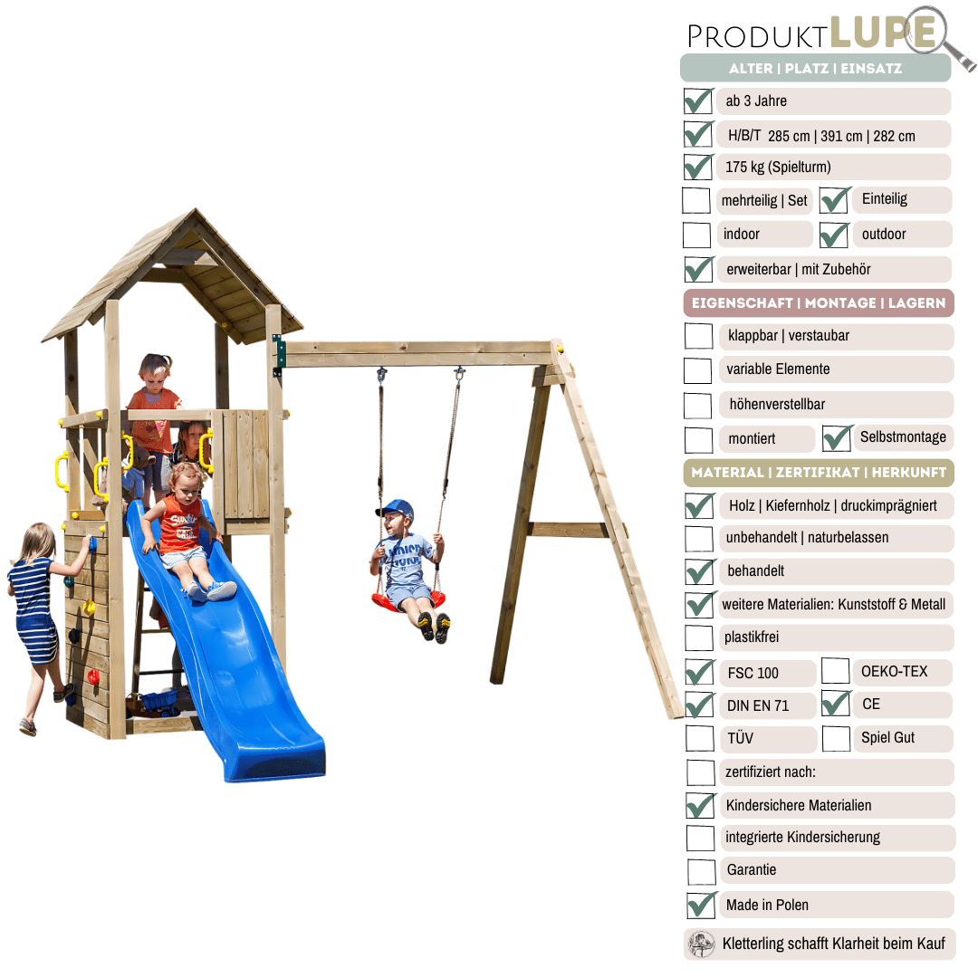 Spielturm GOO CAROL 2 | Klettergerüst OUTDOOR | in 3 Farben | bis zu 7 Kinder | Holzdach - Kletterling – einfach Kind sein
