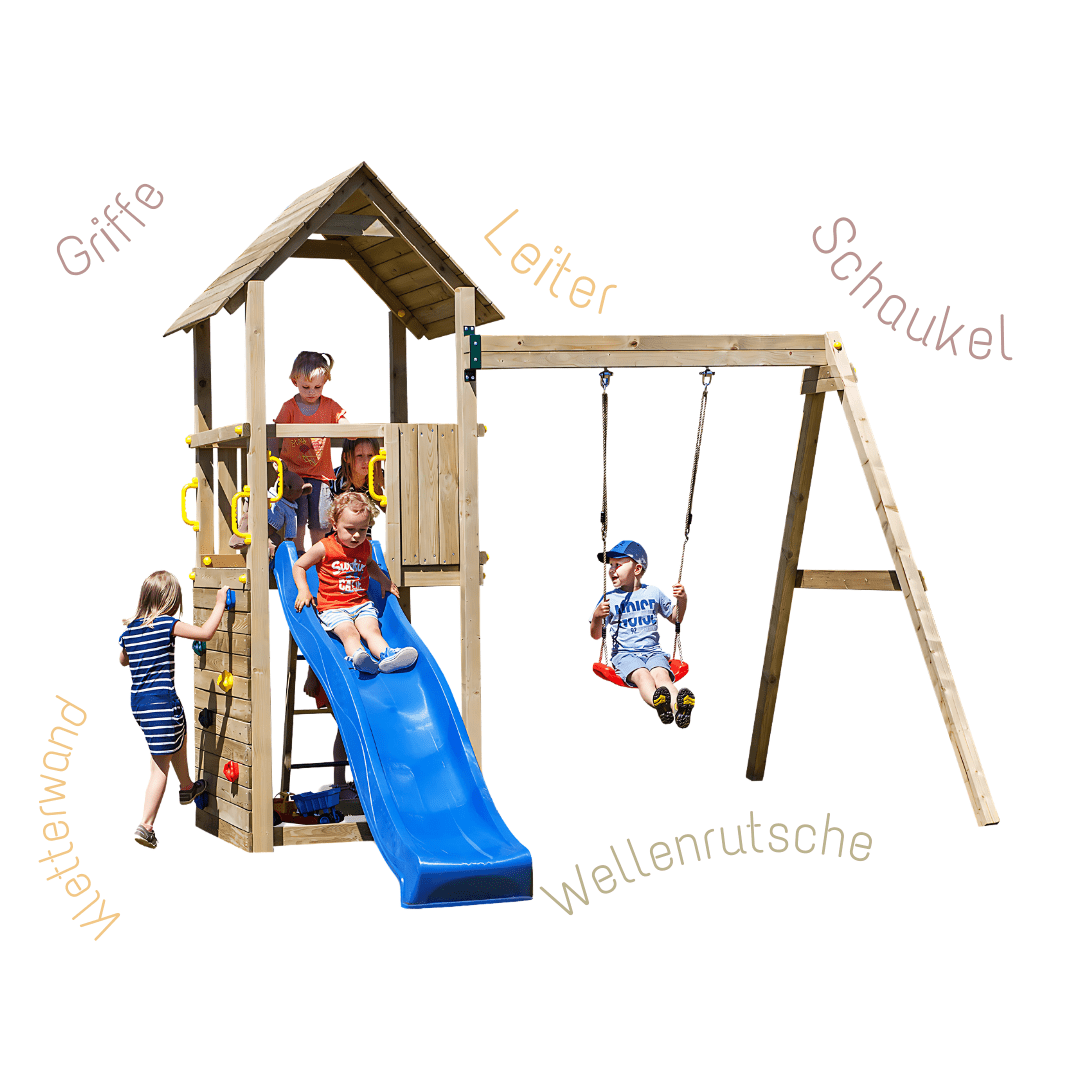 Spielturm GOO CAROL 2 | Klettergerüst OUTDOOR | in 3 Farben | bis zu 7 Kinder | Holzdach - Kletterling – einfach Kind sein