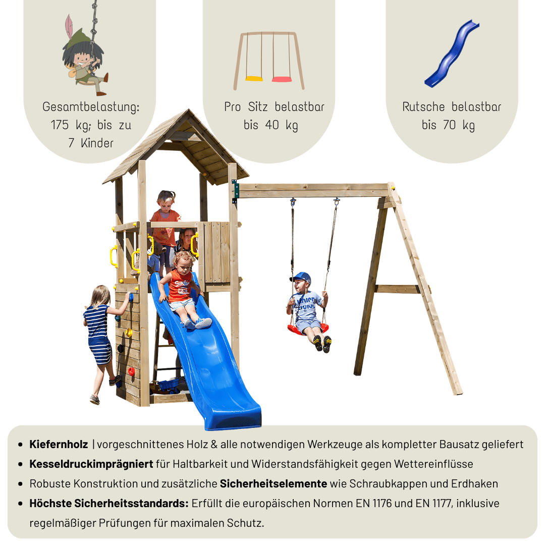 Spielturm GOO CAROL 2 | Klettergerüst OUTDOOR | in 3 Farben | bis zu 7 Kinder | Holzdach - Kletterling – einfach Kind sein
