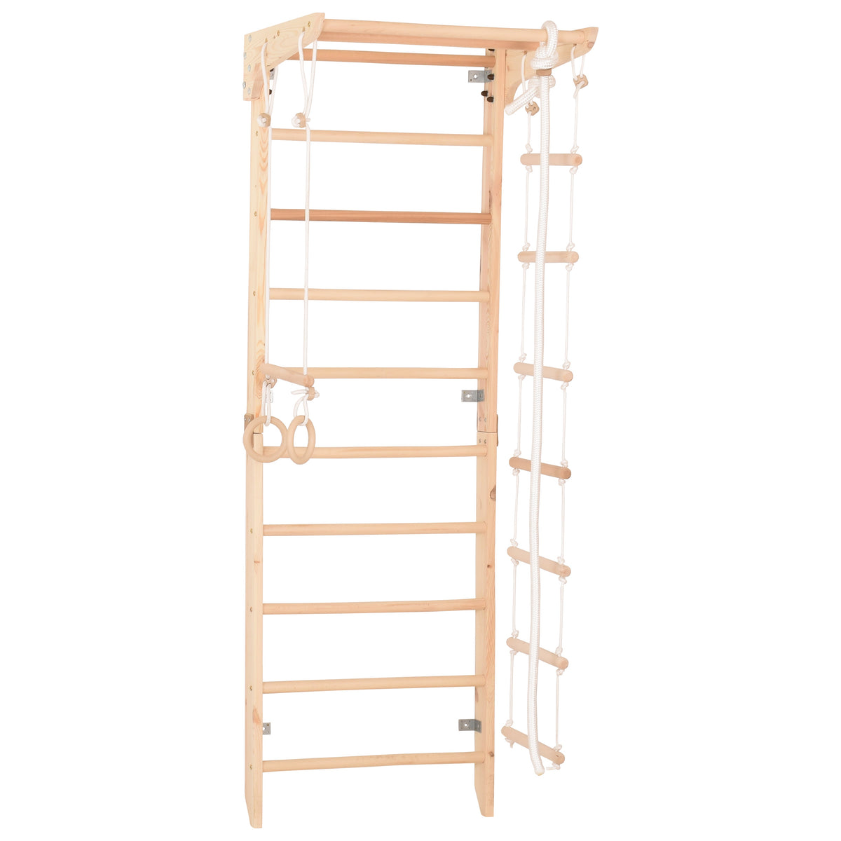Kletterwand für die ganze Familie – Klettergerüst Indoor aus Holz mit Wand-Reck, Stange, Gymnastikringen, Kletterseil, schwe…