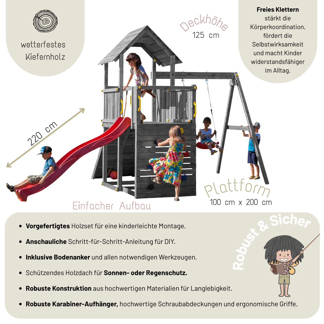 Spielturm GOO CAROL 3 | Klettergerüst OUTDOOR | in 3 Farben | bis zu 10 Kinder | Holzdach - Kletterling – einfach Kind sein