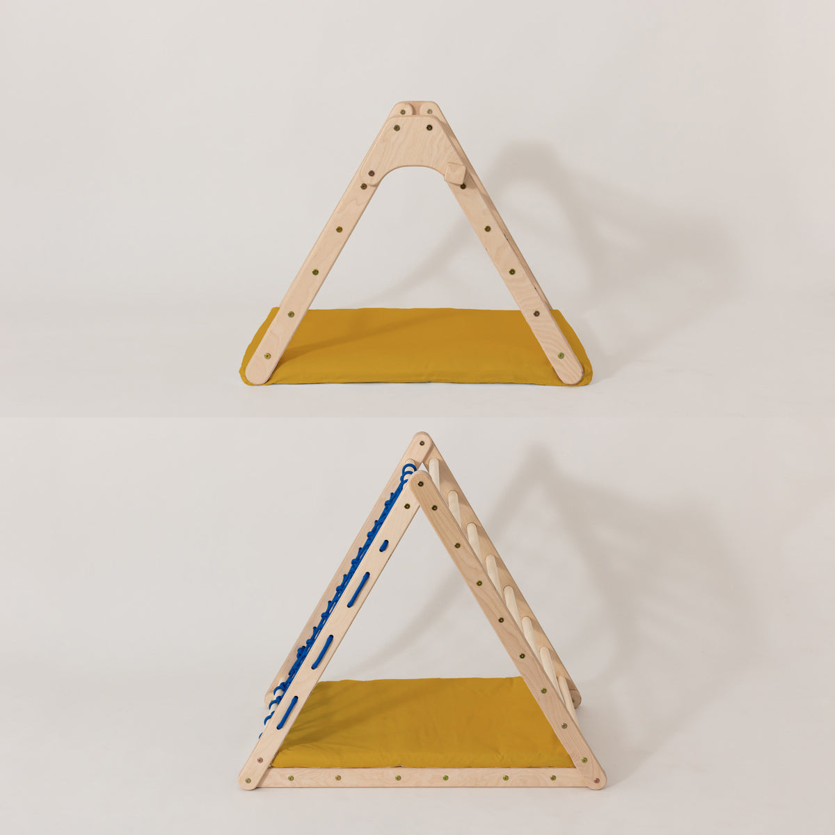Zwei Kletterdreiecke mit gelben FAULTIER-Bodenkissen.