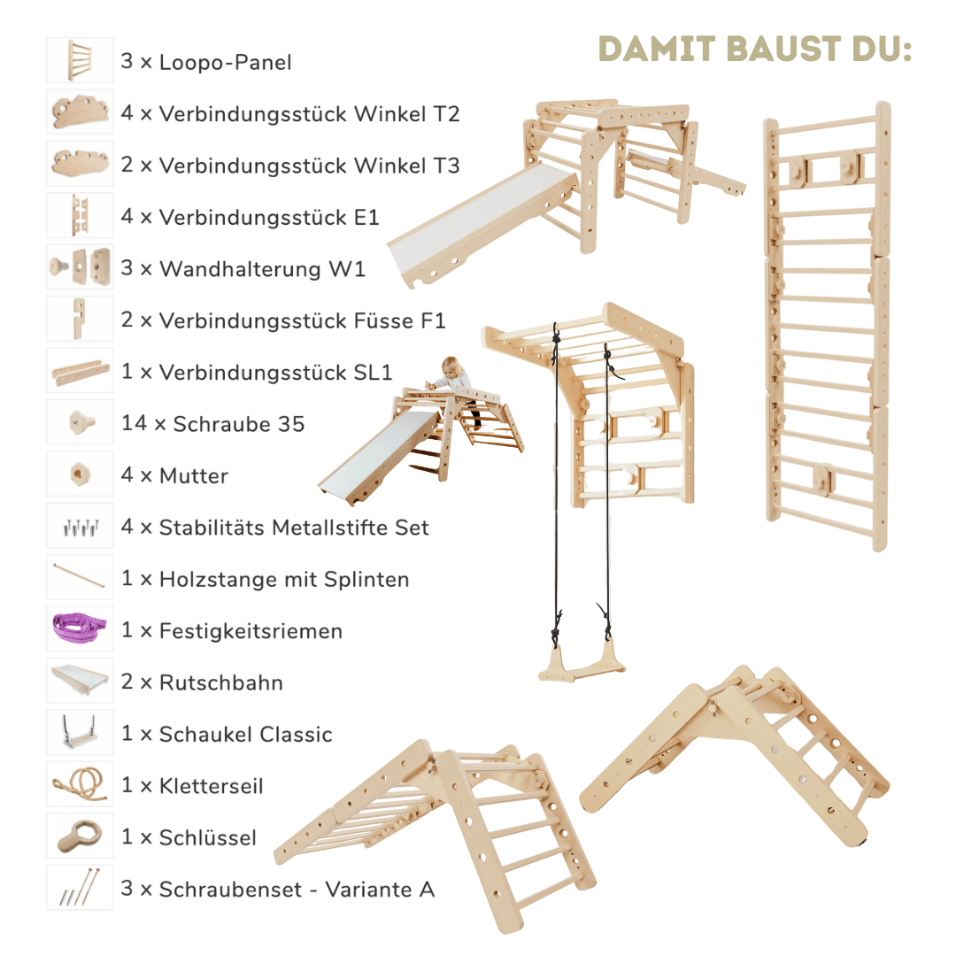 wandelbare Sprossenwand LOOPO MONKEY  7in1 | 200 kg belastbar | 2–99 Jahre | 7 Aufbauvarianten | modulares System - Kletterling – einfach Kind sein