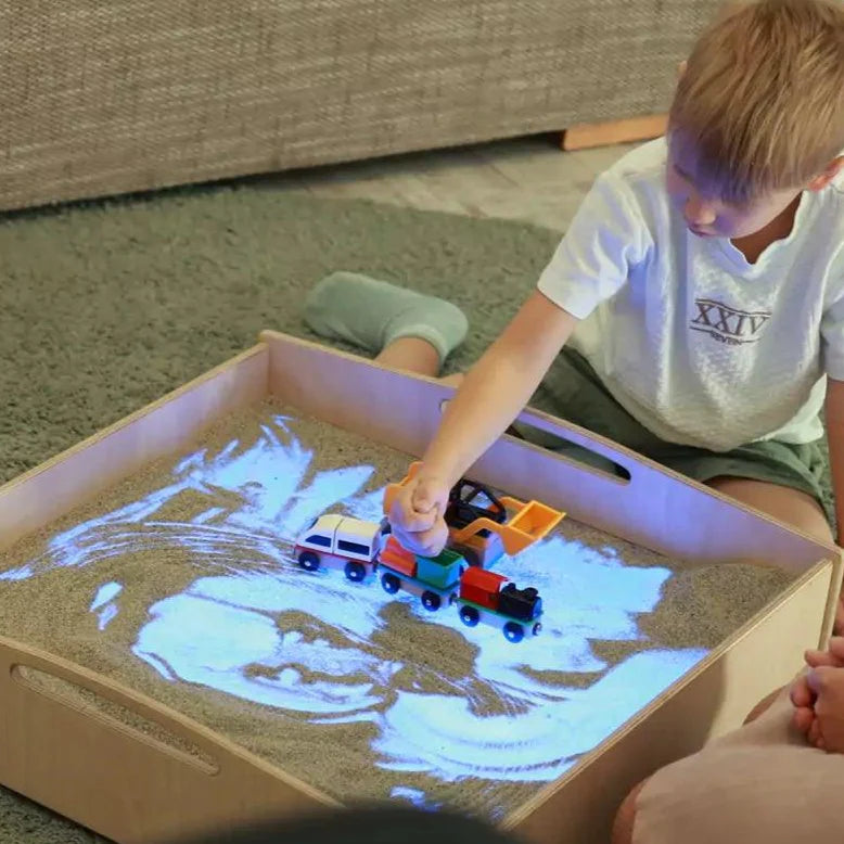 WonderSand PlayTable | Quadratischer Sandspieltisch 60x60 cm | mit Blaulicht - Therapie & MINT - Förderung ab 3+ - Kletterling – einfach Kind sein