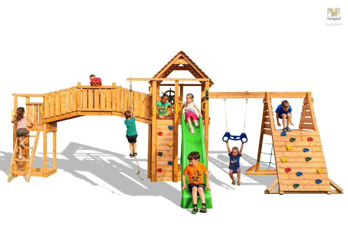 Spielturm Maxi Set Fun Gym mit 2x Spielturm, Rutsche, Kletterturm, Kletterwand, Schaukel - Kletterling – einfach Kind sein