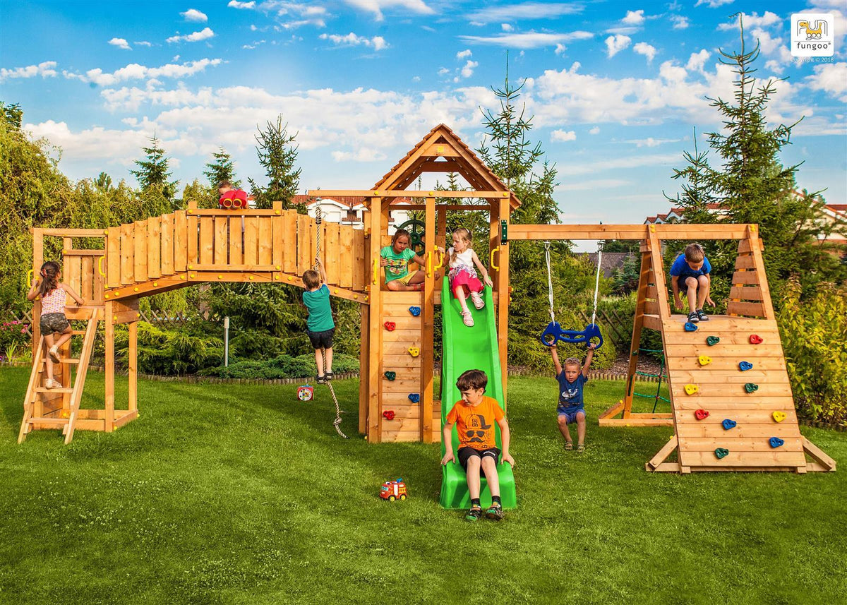 Spielturm Maxi Set Fun Gym mit 2x Spielturm, Rutsche, Kletterturm, Kletterwand, Schaukel - Kletterling – einfach Kind sein