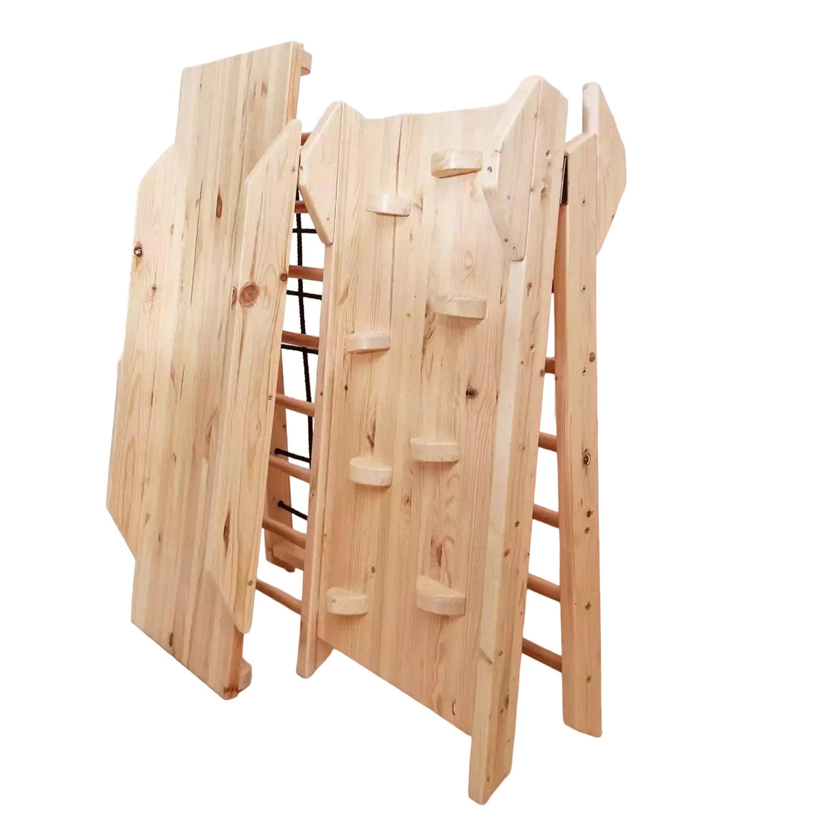 ROOT 95 Klettergerüst aus Holz zusammengeklappt, mit Kletterwand und Sprossen